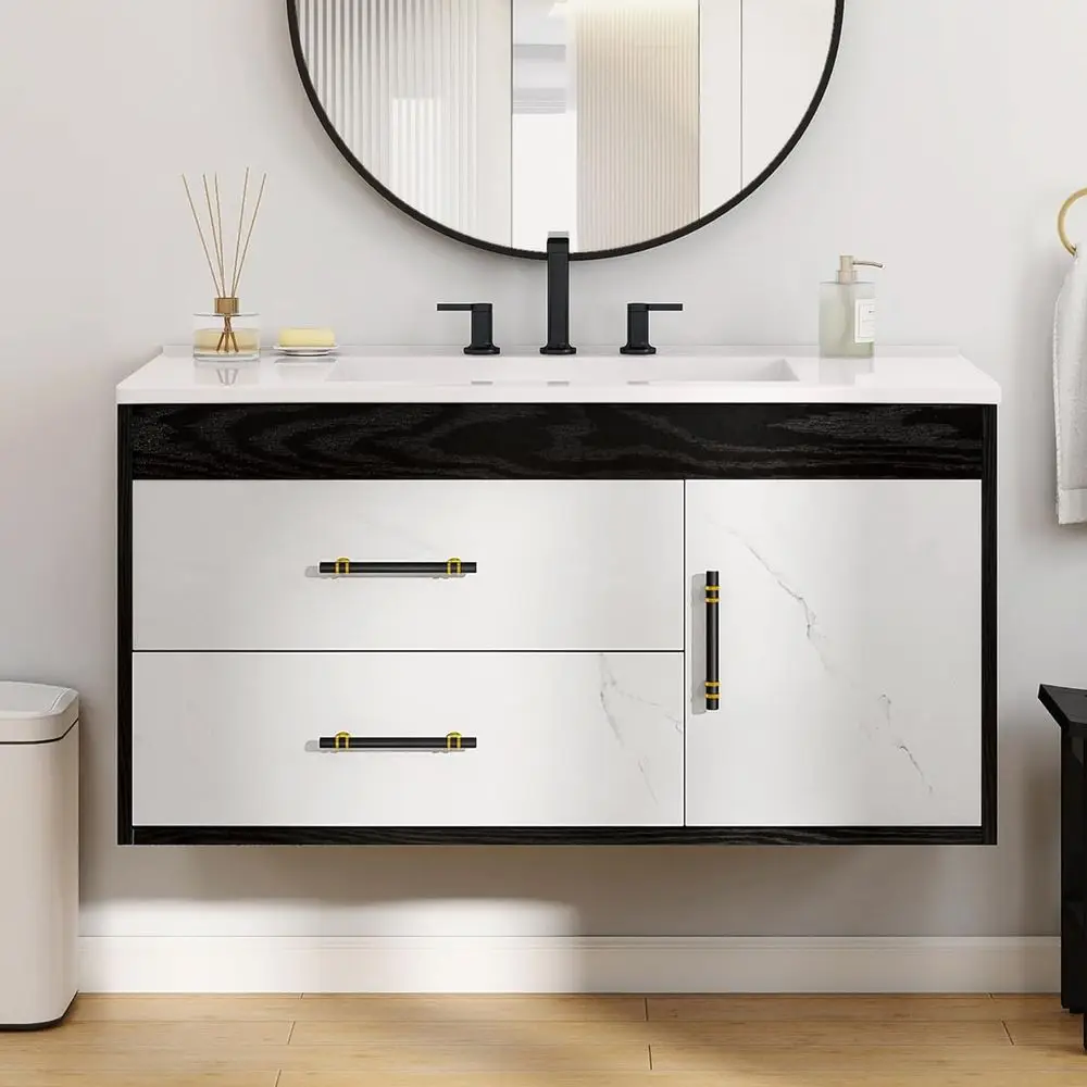 

Навесная тумба для ванной 36 дюймов с раковиной, с системой плавного закрывания, из мрамора, 2 ящика и предварительно просверленные отверстия для крепления