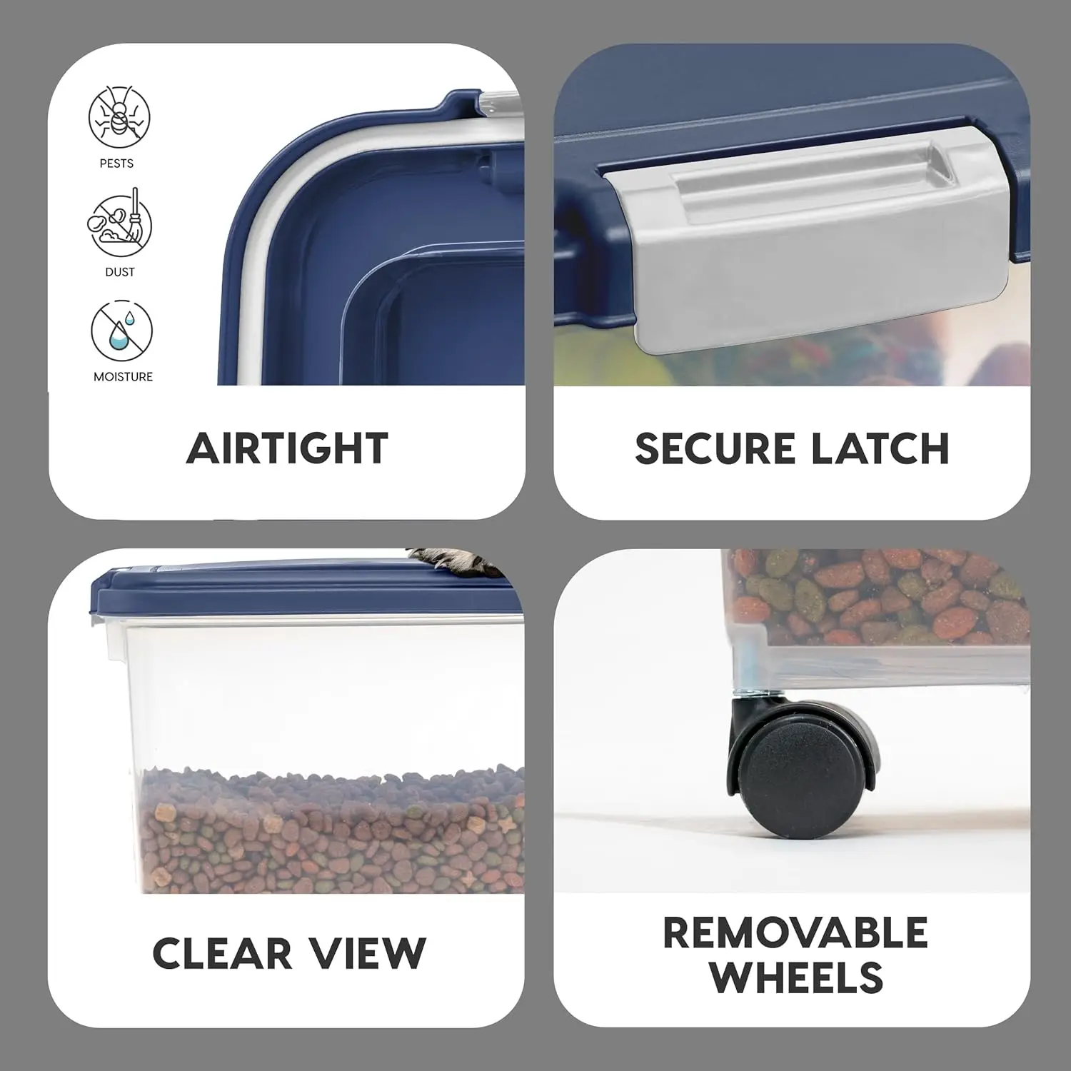 2-delige 41 lbs / 45 Qt luchtdichte opslagcontainer voor huisdierenvoeding, combo met traktatiedoos, stapelbaar, doorschijnend, eenvoudige mobiliteit, marineblauw