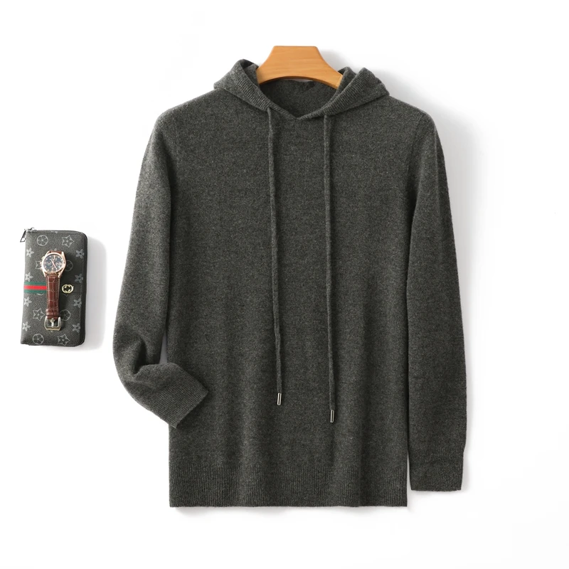 Autumn and winter cashmere sweater men\'s hooded loose sweater 100% pure wool solid color bottoming sweater