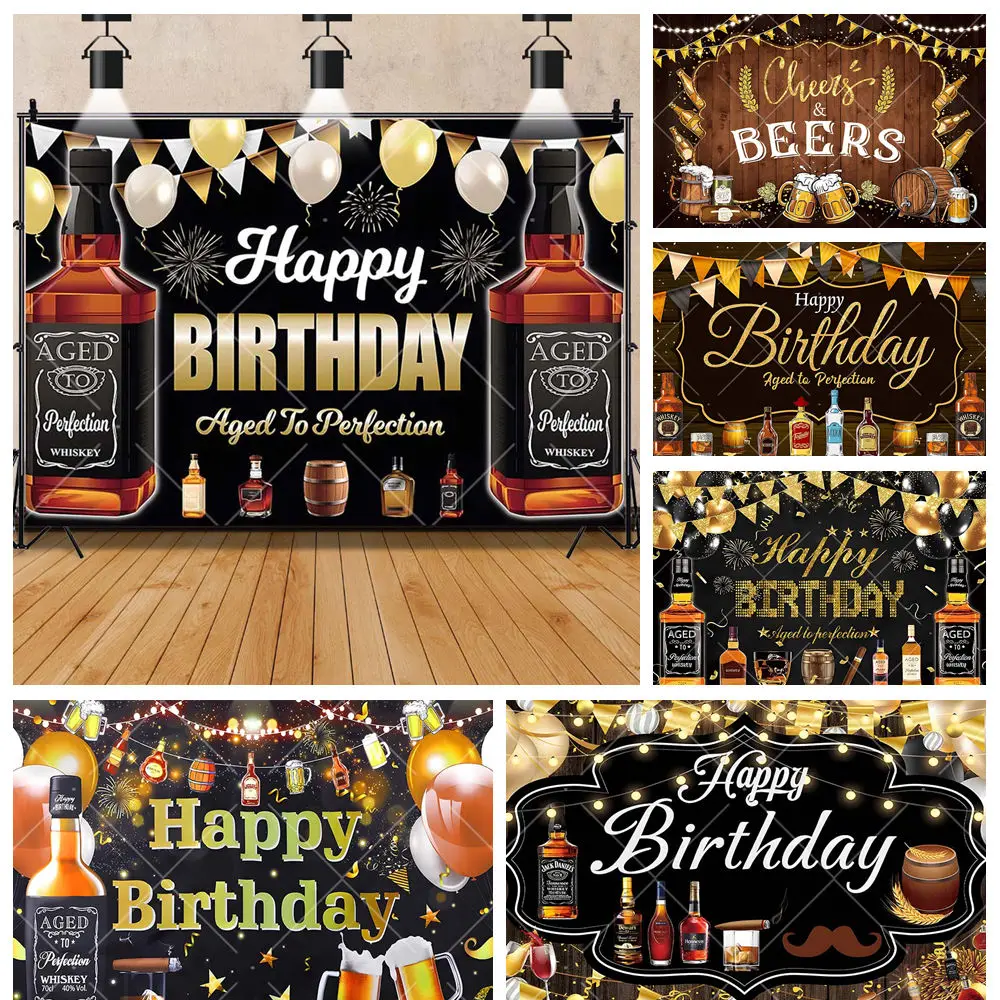 Whisky Wine Happy Birthday Photography Background Gold and Black Balloons Restaurant Artistic Bar Dining Decor Photo Backdrops