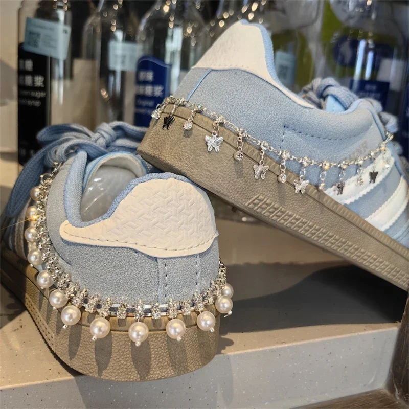 Shoe Charm Chain Pearl Butterfly Rhinestone Shoe Decoration Ankle Chain Ornament Accessories For Sneakers Casual Shoes Decor