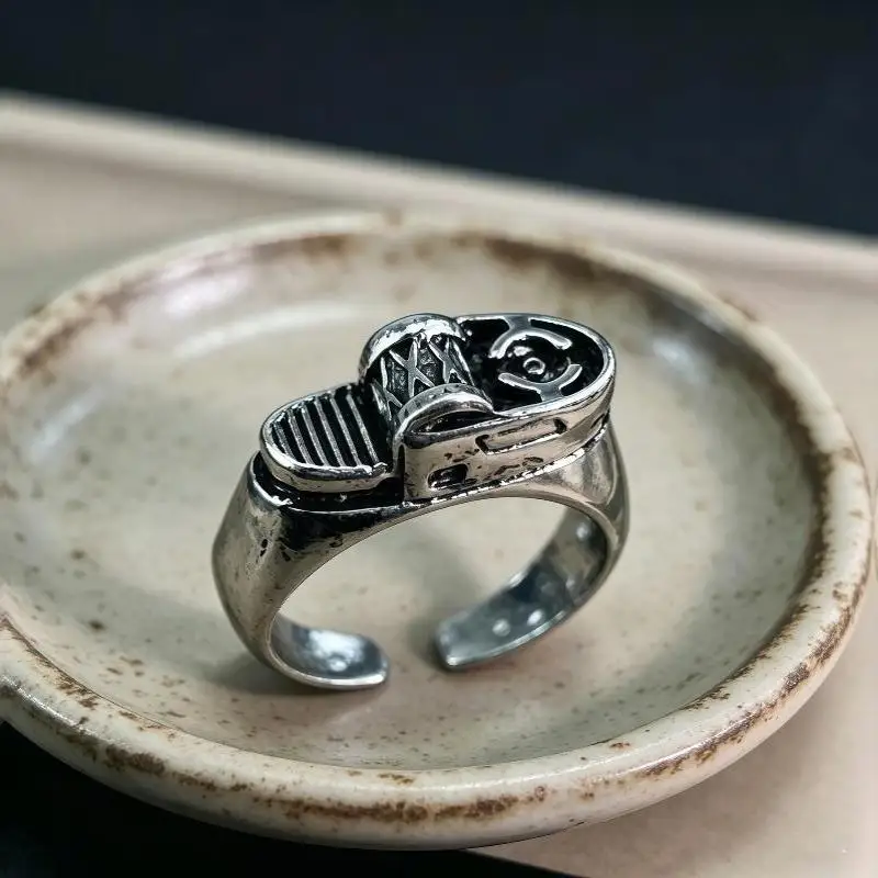 Vintage Silver Lighter Shaped Ring Unique Punk Design Adjustable For Daily Wear