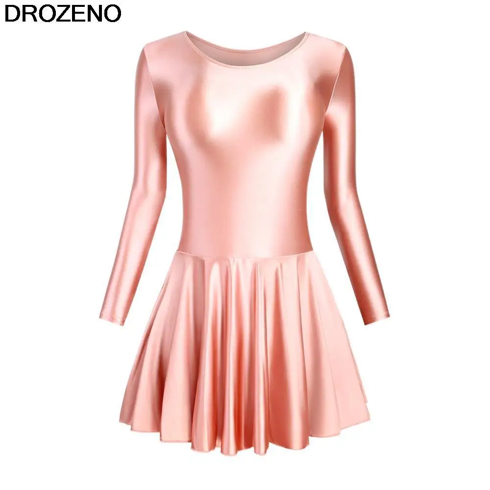 Drozeno Tight sexy Glossy Silky One-Piece Tight Skirt Sports Yoga Ballet Dance Dress Long Sleeve Body Skirt One-Piece Swimsuit
