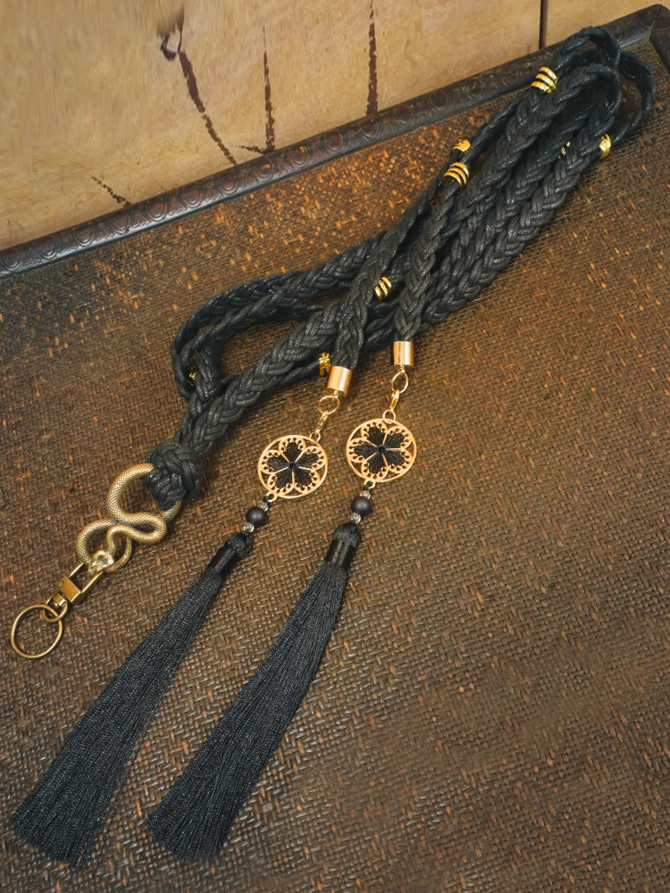 New Chinese Style National Style Weaving Waist Rope Tassels Black Retract The Belt Weaving Wax Rope Metal Lock Buckle Snake Belt