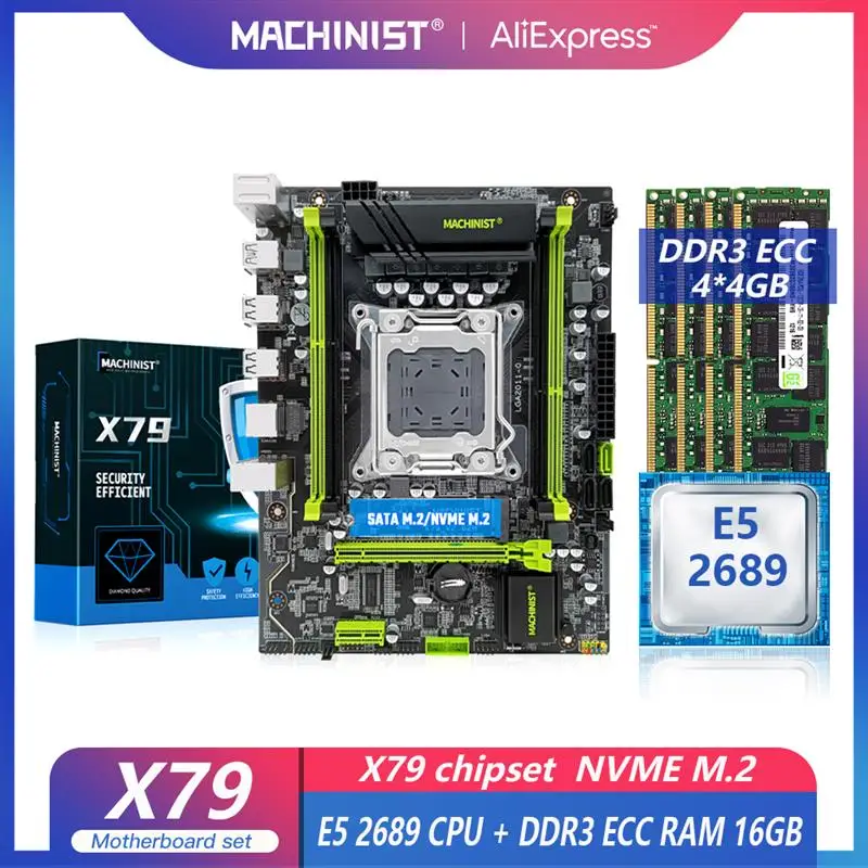 New MACHINIST X79 Kit Motherboard LGA 2011 Set With Xeon E5 2689 CPU Processor 16GB=4G*4 DDR3 ECC RAM SATA NVME M.2 USB 3.0