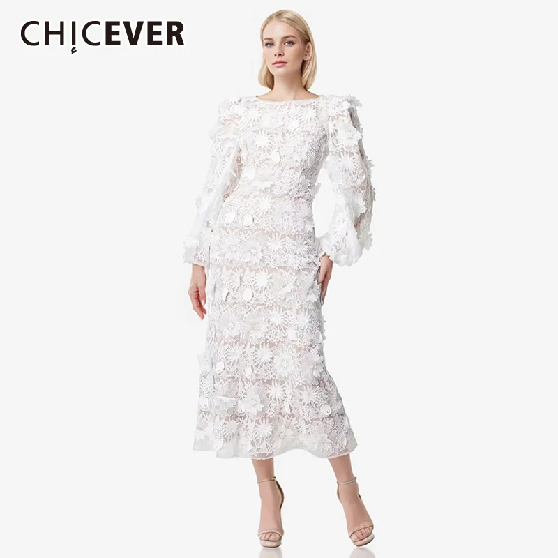 

CHICEVER Patchwork Appliques Elegant Dresses For Women Round Neck Lantern Sleeve High Waist Vintage Slim Dress Female Clothing