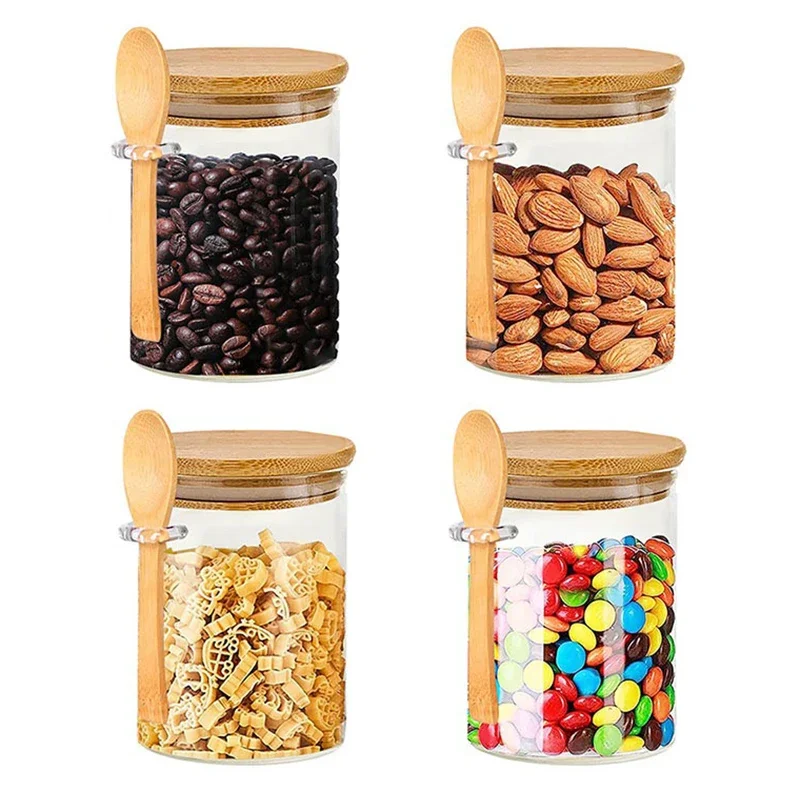 4Pcs Glass Jars Food Storage Containers Candy Tea Coffee Sugar Storage Jars Kitchen Spice Jars with Bamboo Lid and Spoon 550ML