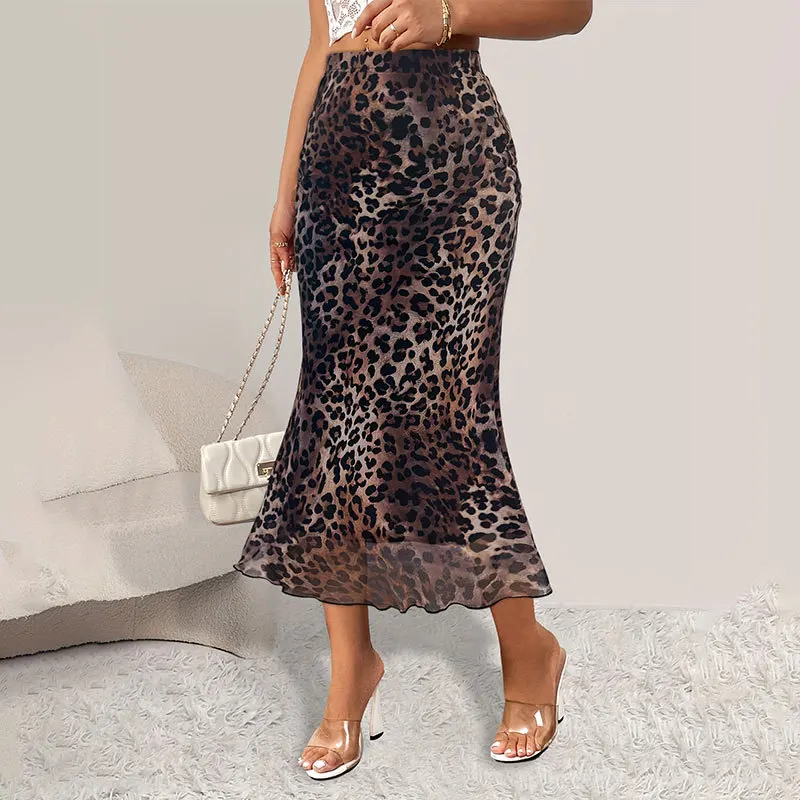 Women'S Skirt Sexy Leopard Print Elastic Mesh Transparent Half Skirt Knitted Versatile Fishtail Skirt Long Skirt