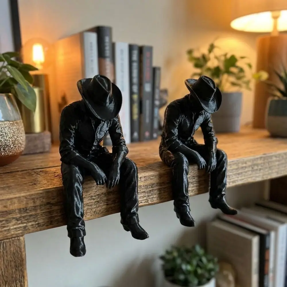 Western Style Sad Sitting Cowboy Sculpture 3D Printed Vintage Cowboy Figurine Ornament Pensive Lonely Cowboy Tabletop Decor