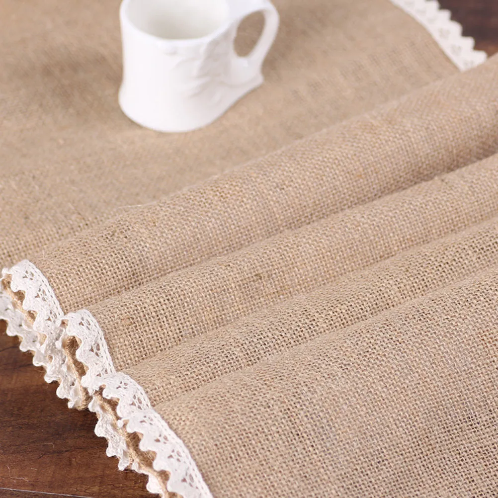 Lace Table Runner 30x180cm Burlap Jute Fabric Exquisite Knitted Edges Machine Washable Table Decor for Everyday Dinner Shower