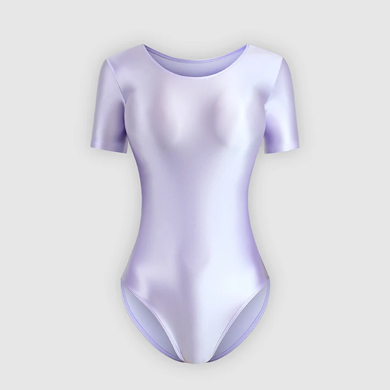 sexy women silky glossy one-piece japanese swimsuit oily tights shapewear Shiny short sleeve bodysuit Men's bathing suits