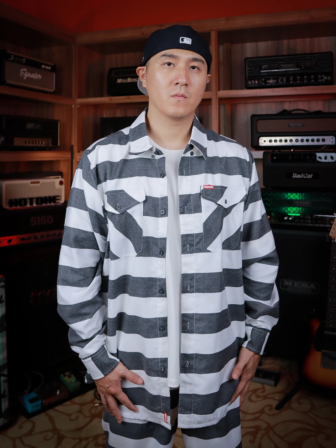 Loose Fit Long Sleeve Motorcycle Workwear Shirt Black White Stripes Pure Prison Style Casual Fashion Men's Button up Top