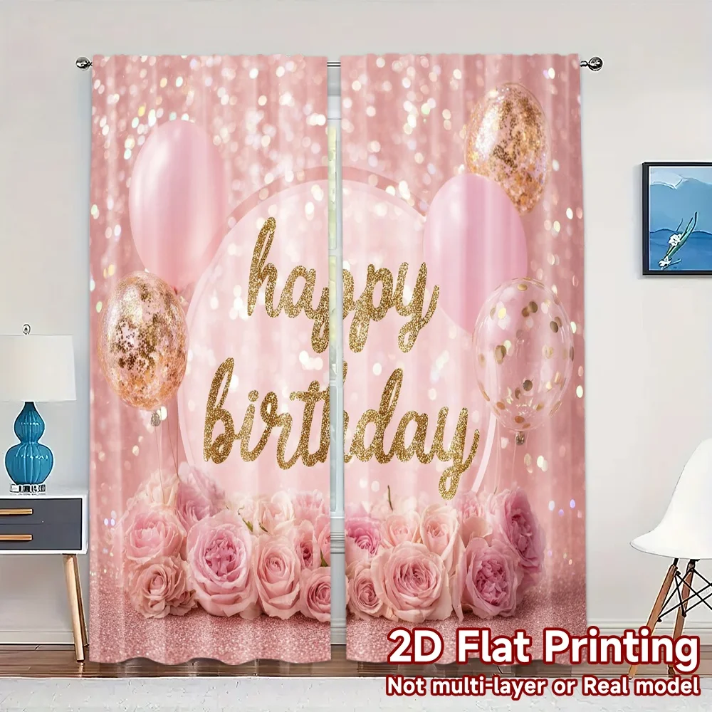 2pcs, 2D FLAT PRINTING Curtains (Without Rod) Birthday Bliss(6) Print Chic Curtains Machine Washable Fabric Curtains Versatile