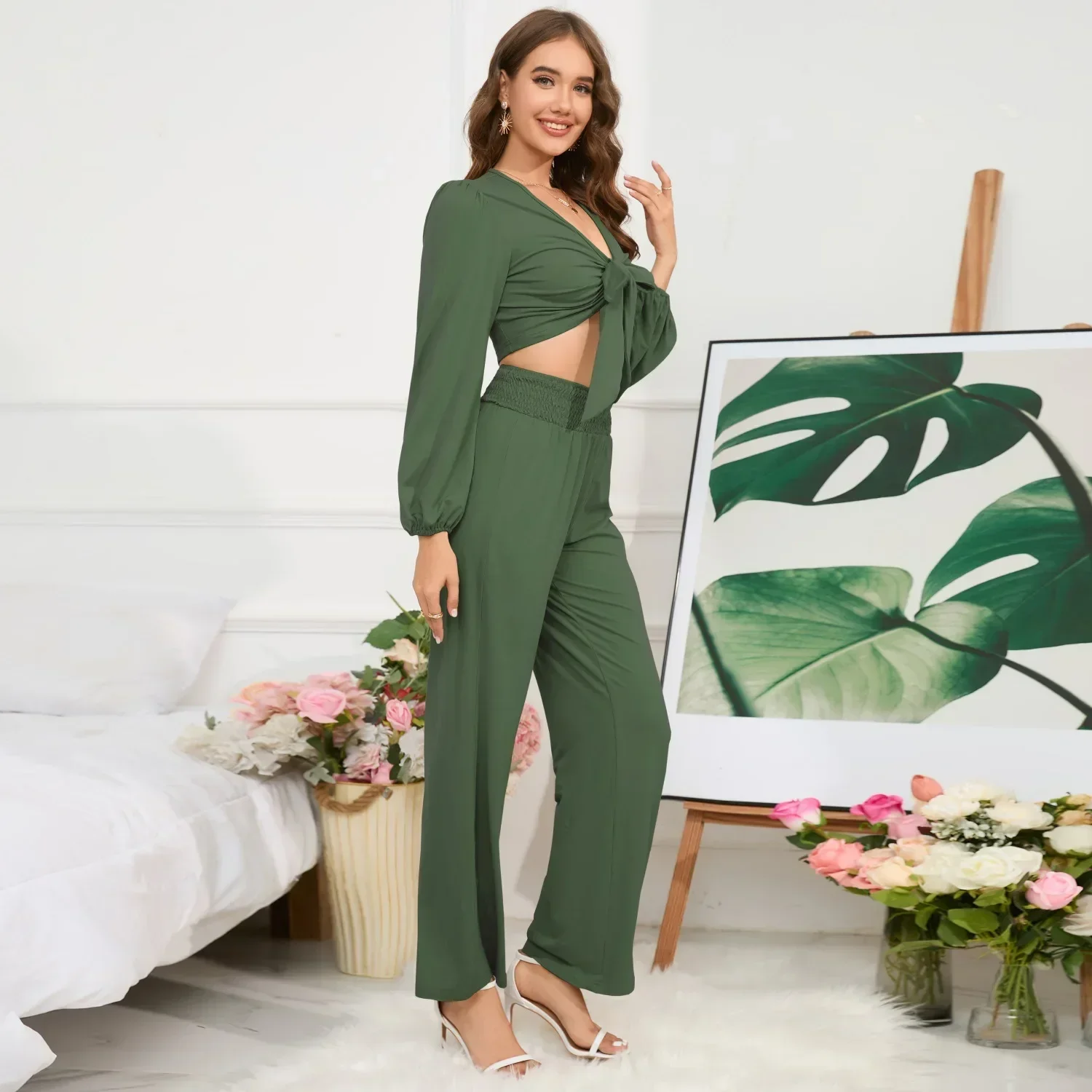 

Large Size Women's Clothing High Waist Lace-up Long-sleeved Tops+ Straight Fitting Trousers Straight-leg Sets 9XL 8XL 7XL 6XL