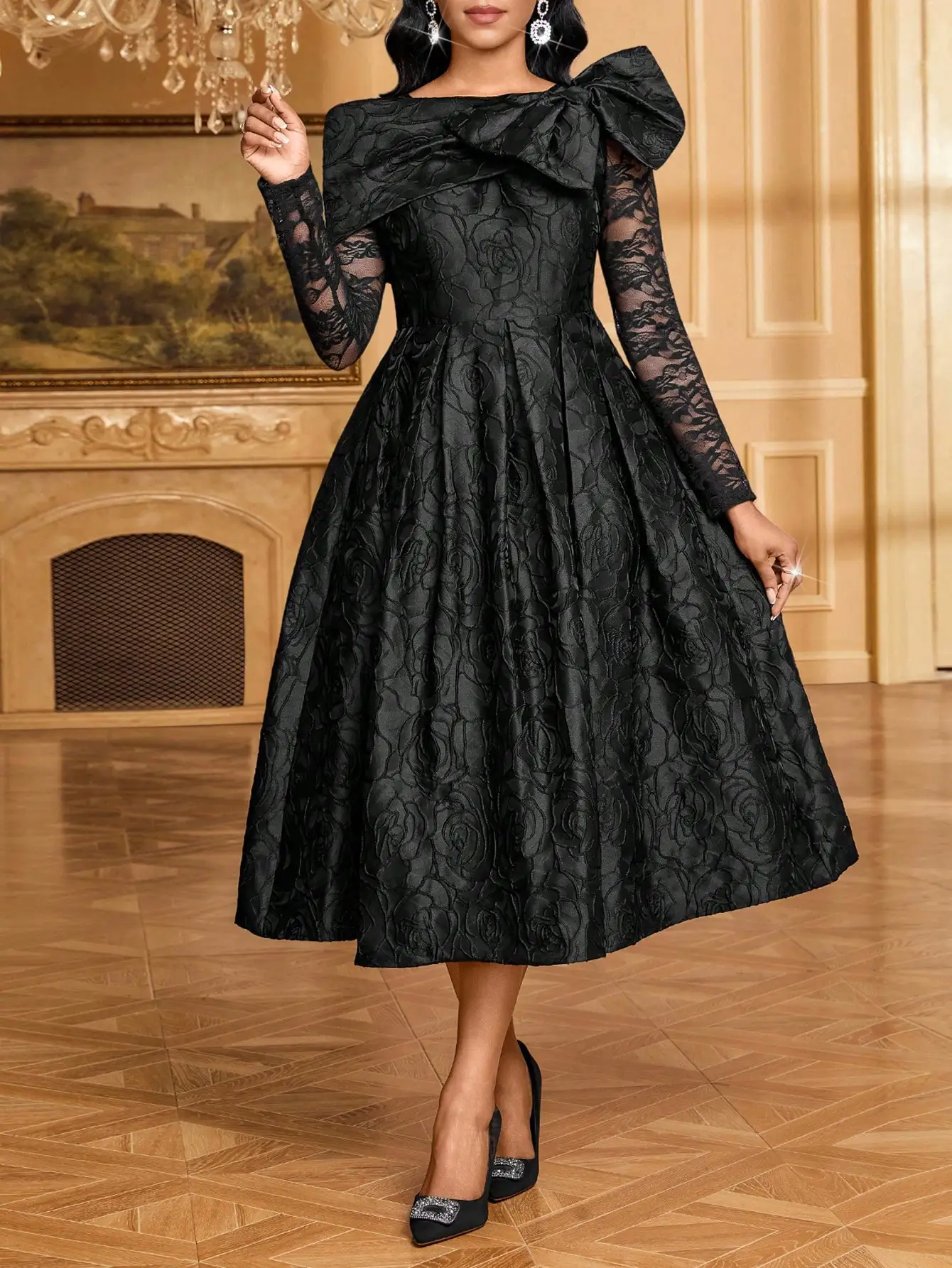 

Black Floral Jacquard Midi Dress with Bow Neck and Lace Sleeves