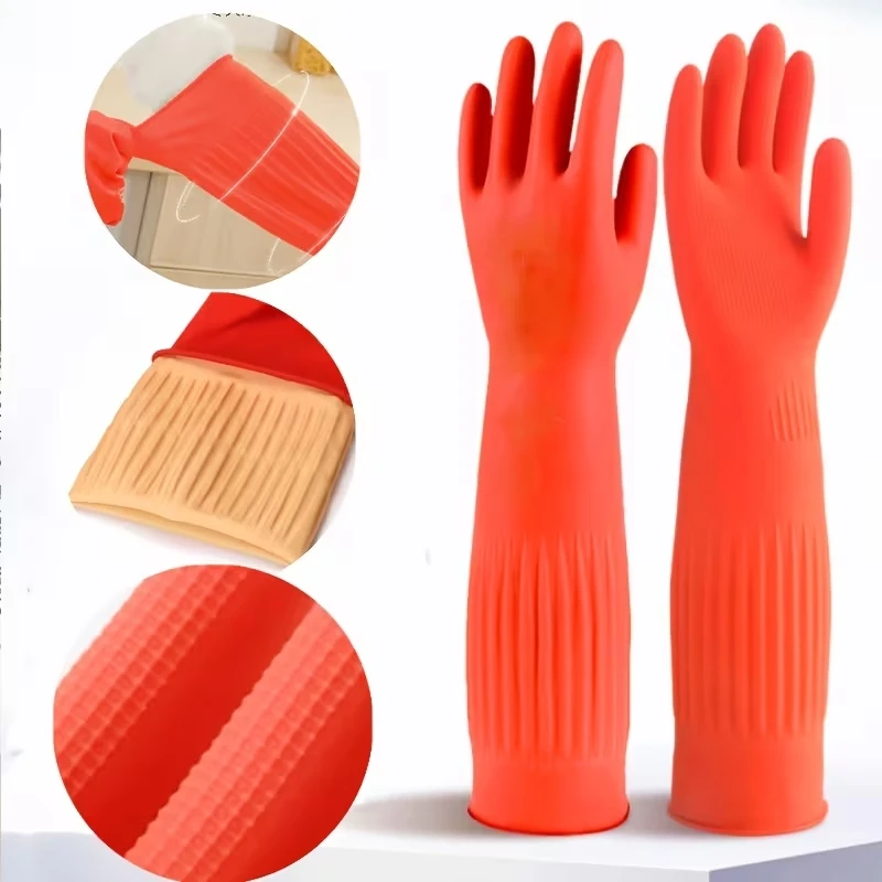 Rubber Dishwashing Cleaning Gloves Reusable Waterproof Household Kitchen Gloves Long Sleeves Women Gardening Washing Work Gloves