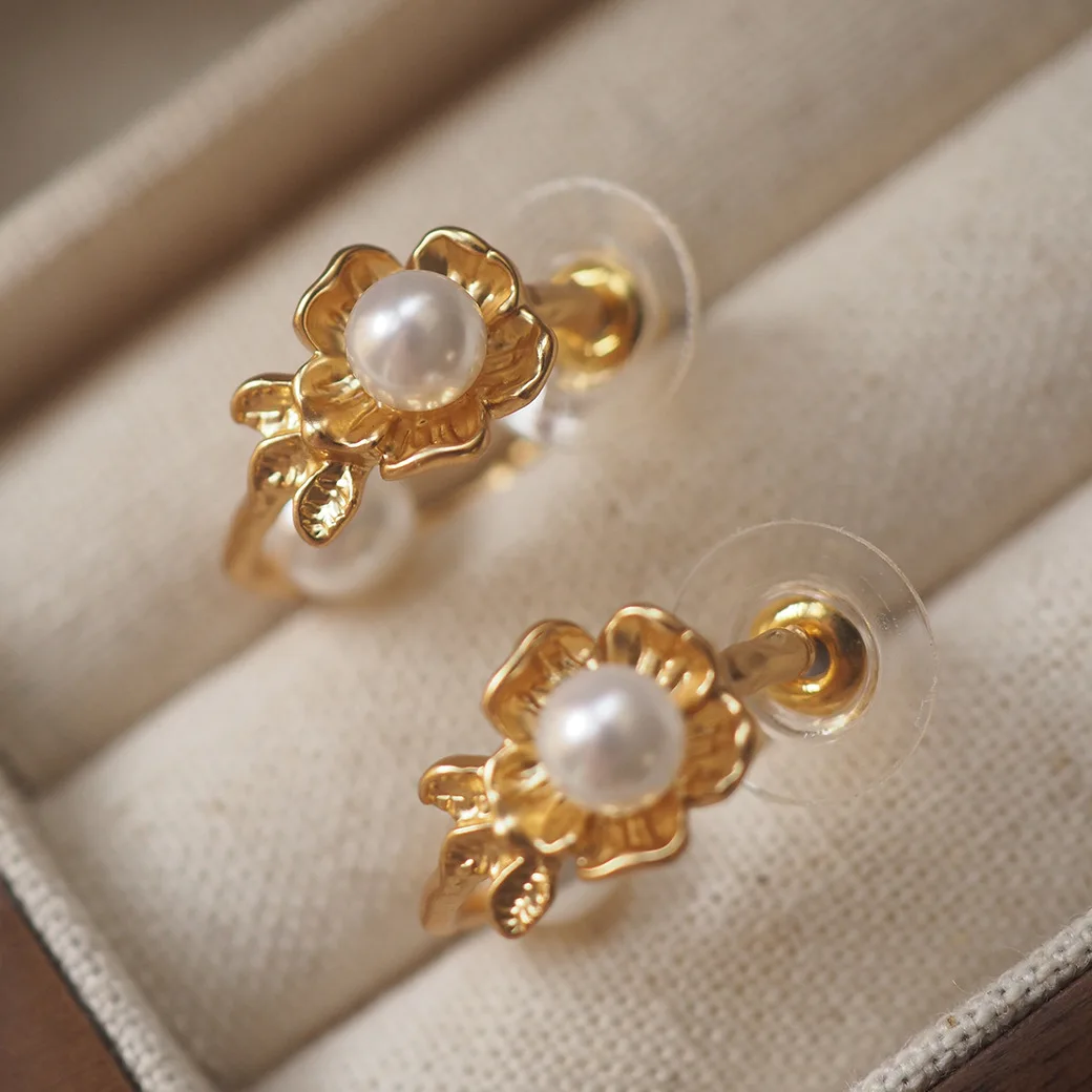 Greek Niche Design Forest-Style Floral Pearl Vintage Stud Earrings - Chic French Flair