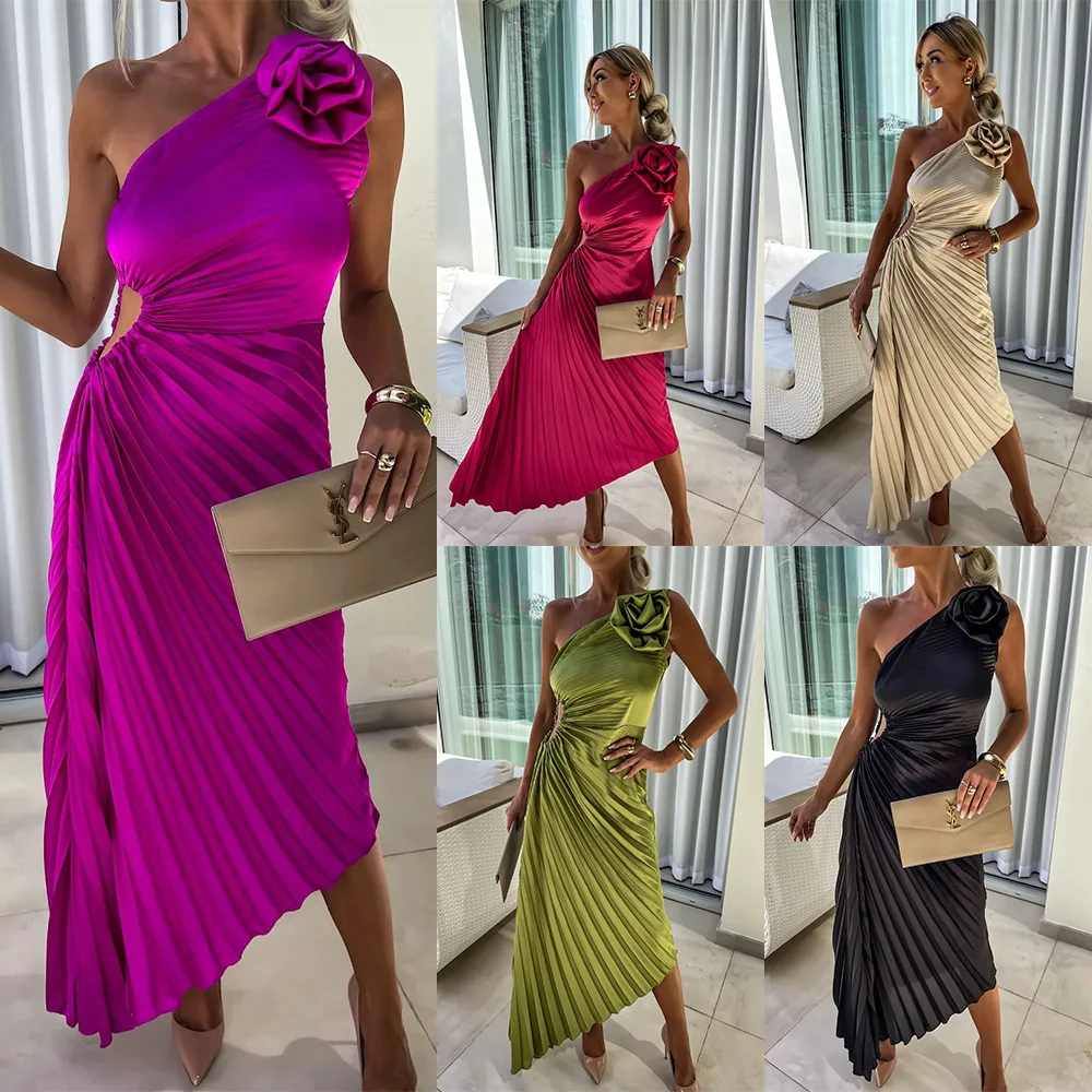 

Independent Station Foreign Trade European And American Women's New Solid Color Dress Fashion Sexy Off-Shoulder Ruched Hollow