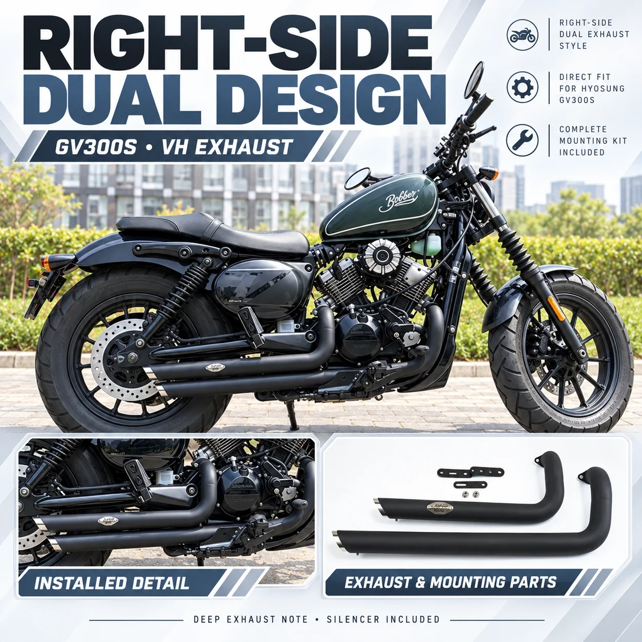 Dual-exit VH exhaust system (right side) for HYOSUNG GV300S / GVS300