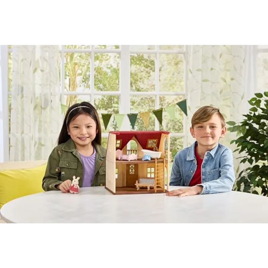 Dollhouse for home play: red roof, wooden texture, warm red color, open layout design ideal for ages 3+ to furnish, decorate an