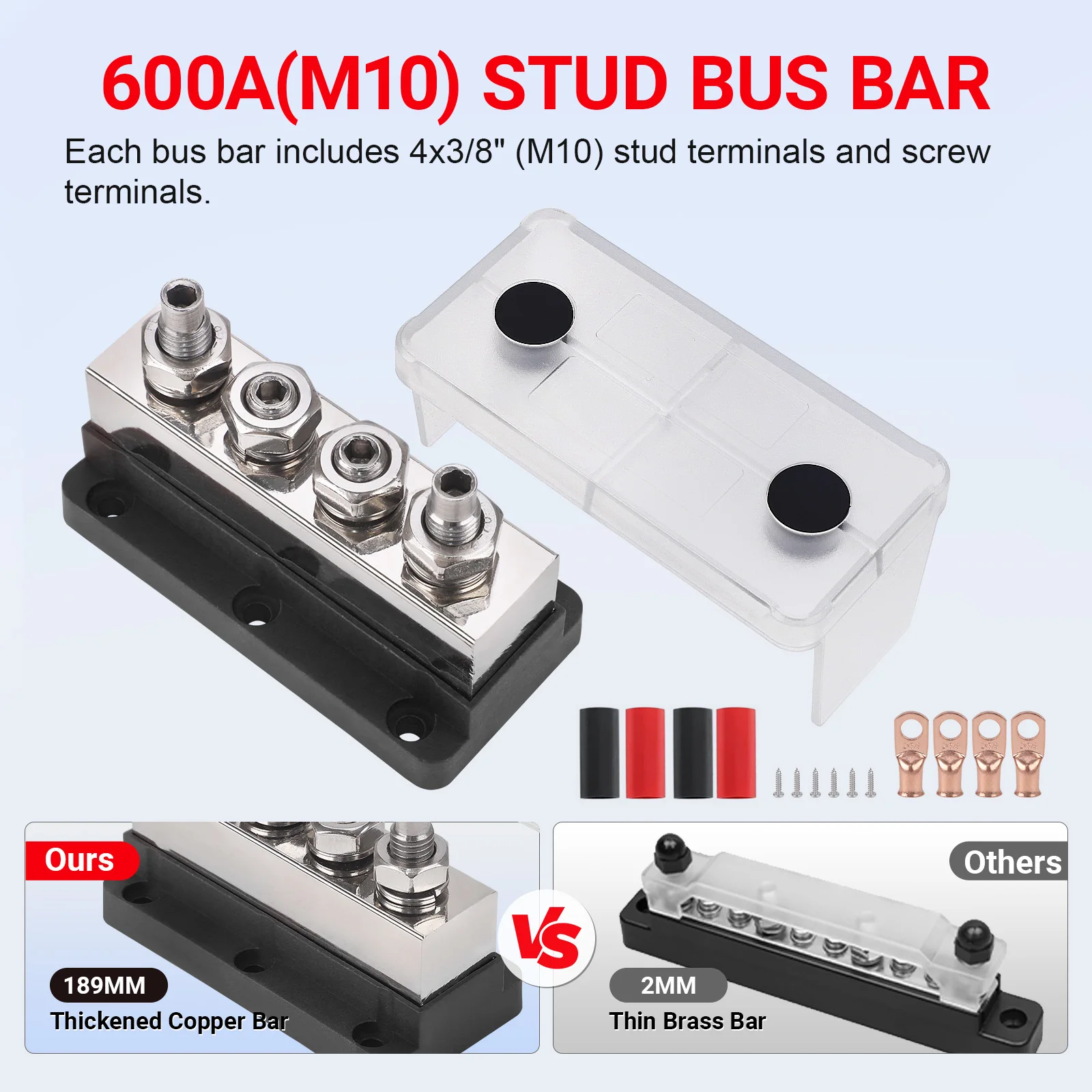 CNSPEED Nickel Plated Cu 600A Bus Bar 4 M10 Studs 3/8 inch 48V Distribution Block For Battery Marine RV Truck Red Black
