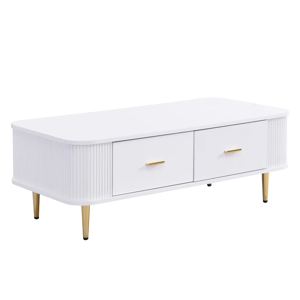 Gebogener Eck-Wohnzimmertisch, goldene Hardware, gewellte Seiten, Doppelfunktions-Couchtisch und Beistelltisch mit Schubladen – Detail 18