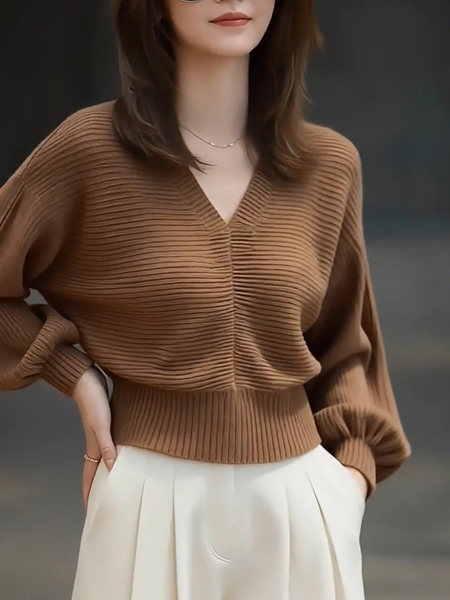 Retro Knitted Sweater Long Sve V-Ne  Color Faionable Winter Top Women's Regular Fit Comfortable Commute Sle