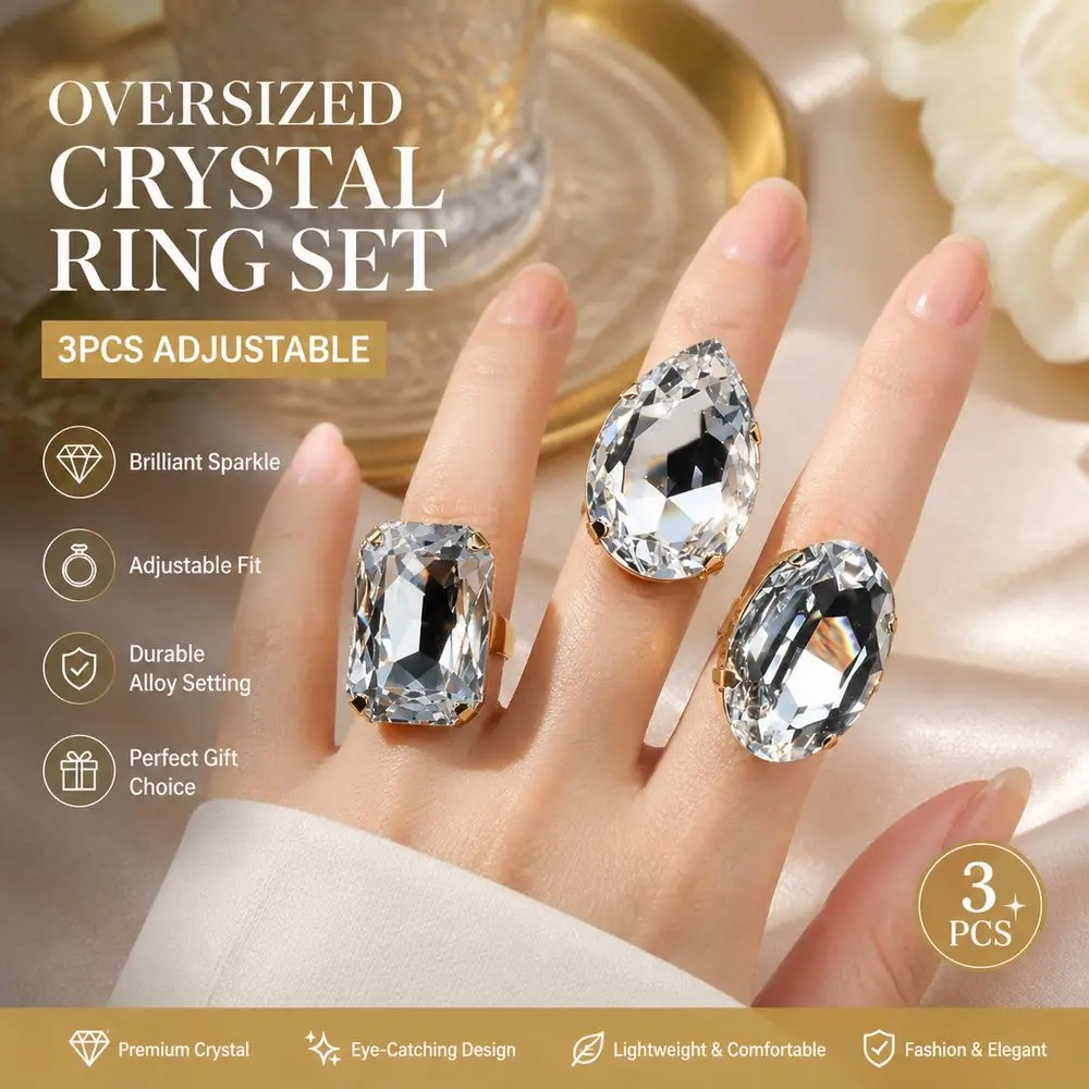 3PCs Square Shape Square Rhinestone Ring Adjustable Size Rhinestone Crystal Adjustable Crystal Ring Exaggerated Giant Large Size