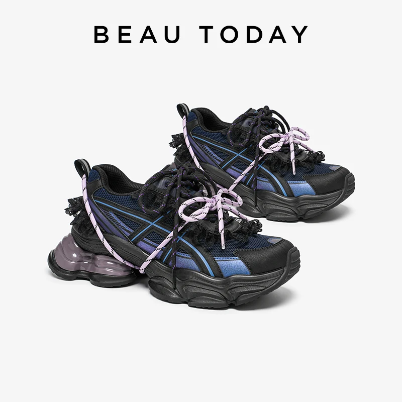 

BEAUTODAY Chunky Sneakers Women Fiber Mixed Color Round Toe Air Mesh Lace & Shoelace Decoration Ladies Shoes Handmade 29A68