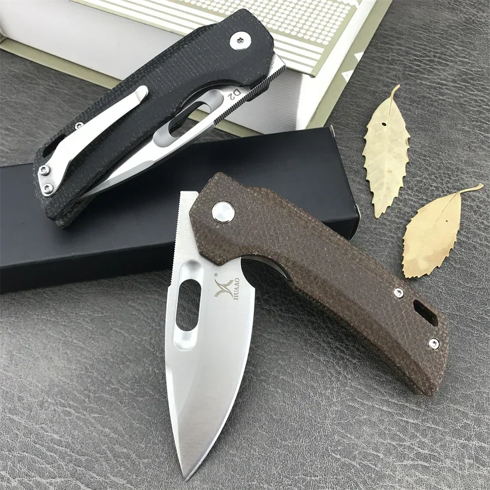 HUAAO Folding Knife D2 Steel Linen Handle with Magazine Holder Outdoor Camping Portable EDC Tool Survival Knife Everyday Carry