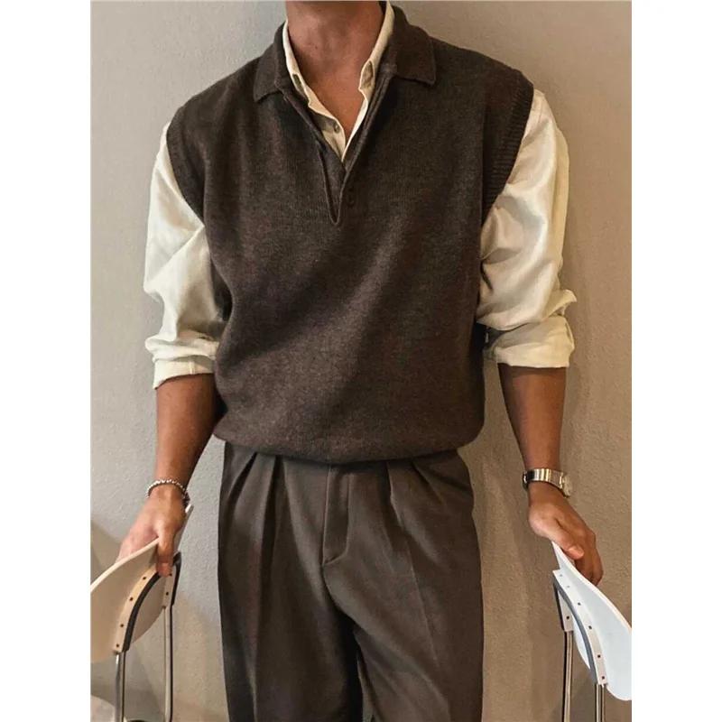 

Мужской вязаный жилет с воротником, модный, для многослойных образов, весна-осень, без пуговиц, удобный крой, облегающий силуэт.