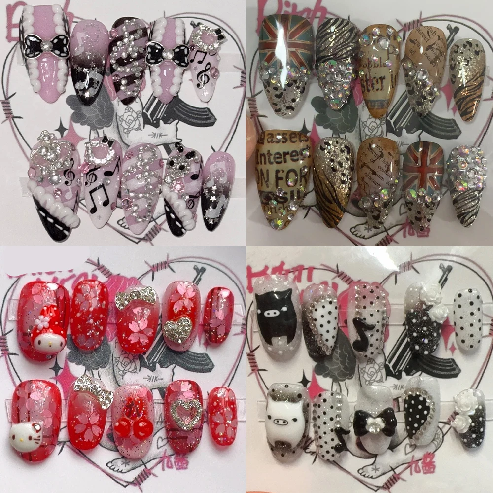 

Y2K Sweet Cool Handmade Long Coffin Stilettos Almond Fake Nails Shining Stars Diamond Music Note Flower Bowknot Press On Nails
