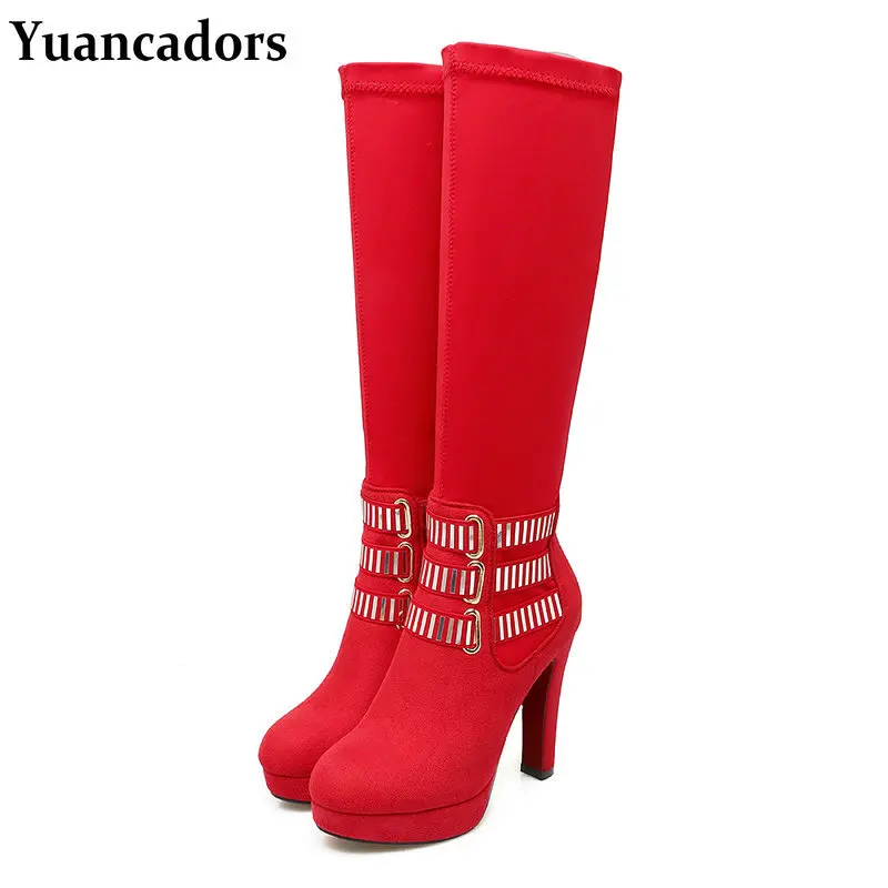 

Bright Red Black Faux Suede Thick High Heel Pumps Winter Fall Stiletto Shoes for Dress Mature Ladies Kneehigh Stretch Boots