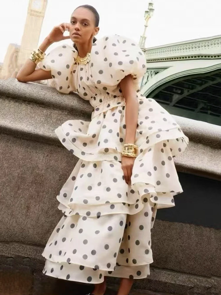 Retro polka dot print esticado-cintura camisa curta conjunto de duas peças para o verão 2025 roupas femininas + multi-camadas saia solta conjunto