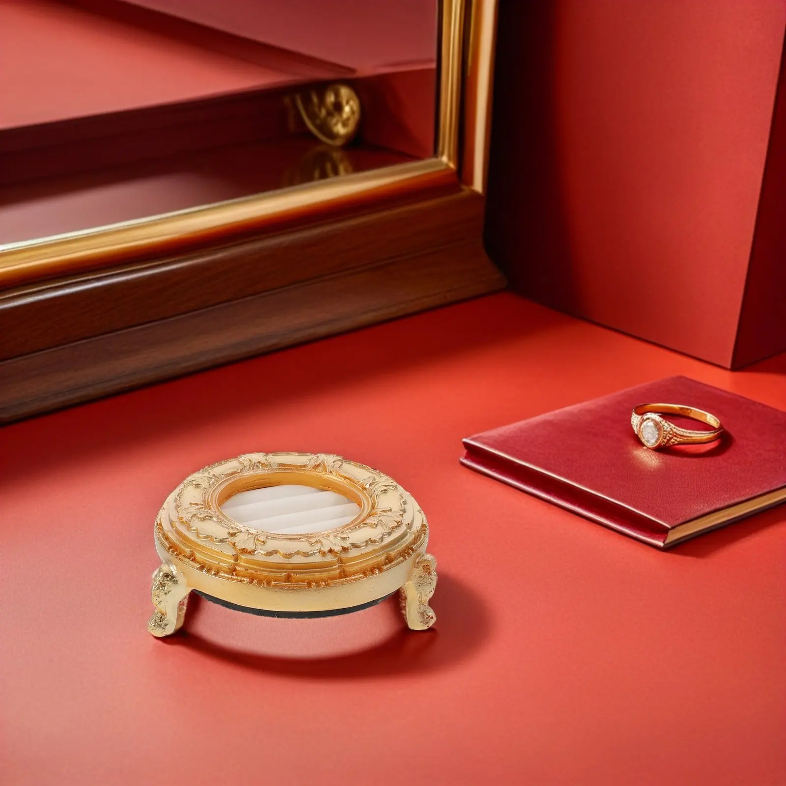 

Vintage Gold Resin Ring Display Tray Round Small Jewelry Holder with Legs Vanity Organizer Boutique Photography Props Elegant
