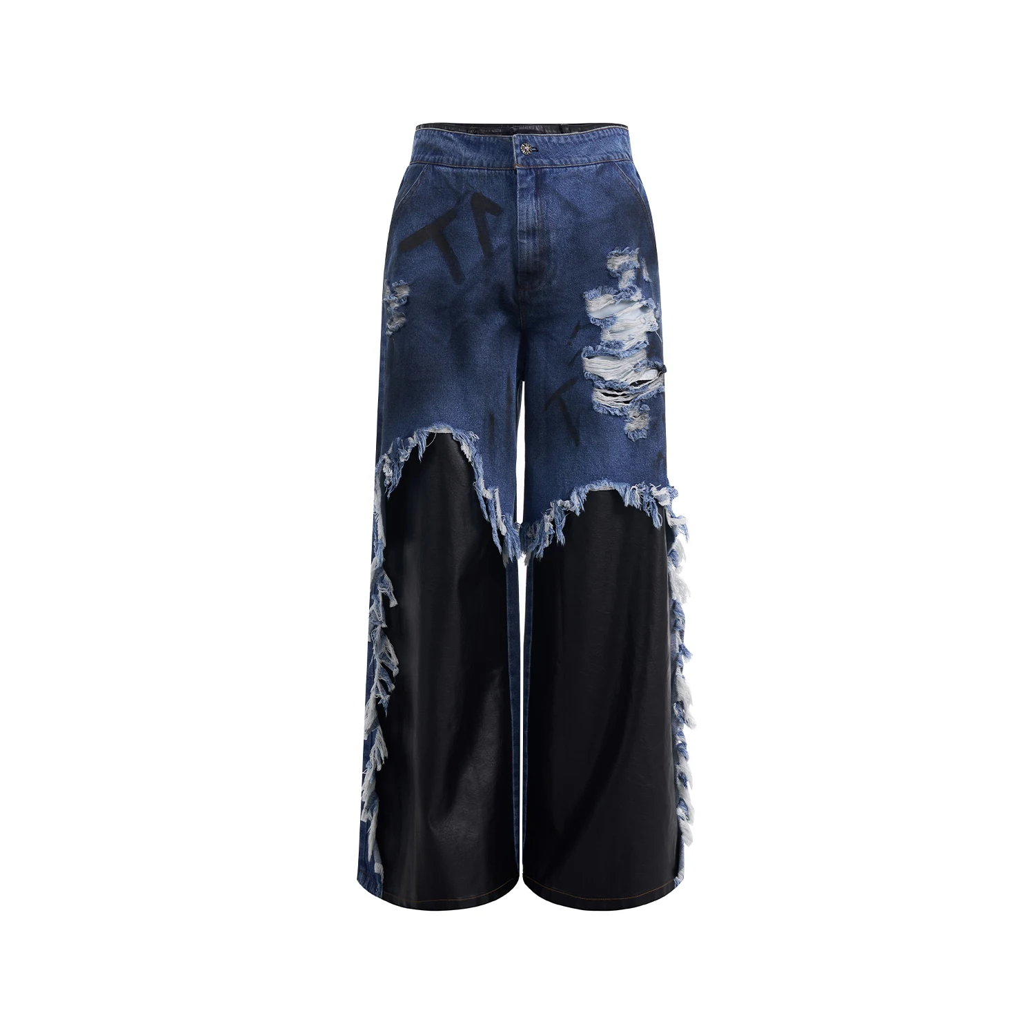 Gefälschte zweiteilige Patchwork-Jeans für Herren, Sommer, handbemalte Buchstaben, schmutzige Farbstoffe, raue Kanten, zerrissene Löcher, Hose mit geradem Bein