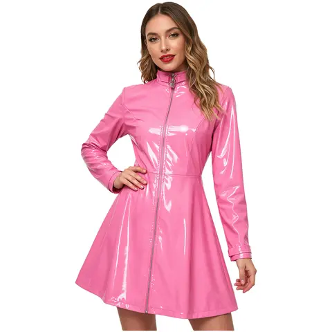 Women Wet Look Patent Leather Mini Dress Mock Neck Long Sleeve Zipper Dresses with Locks for Rave Party Nightclub Couple Game