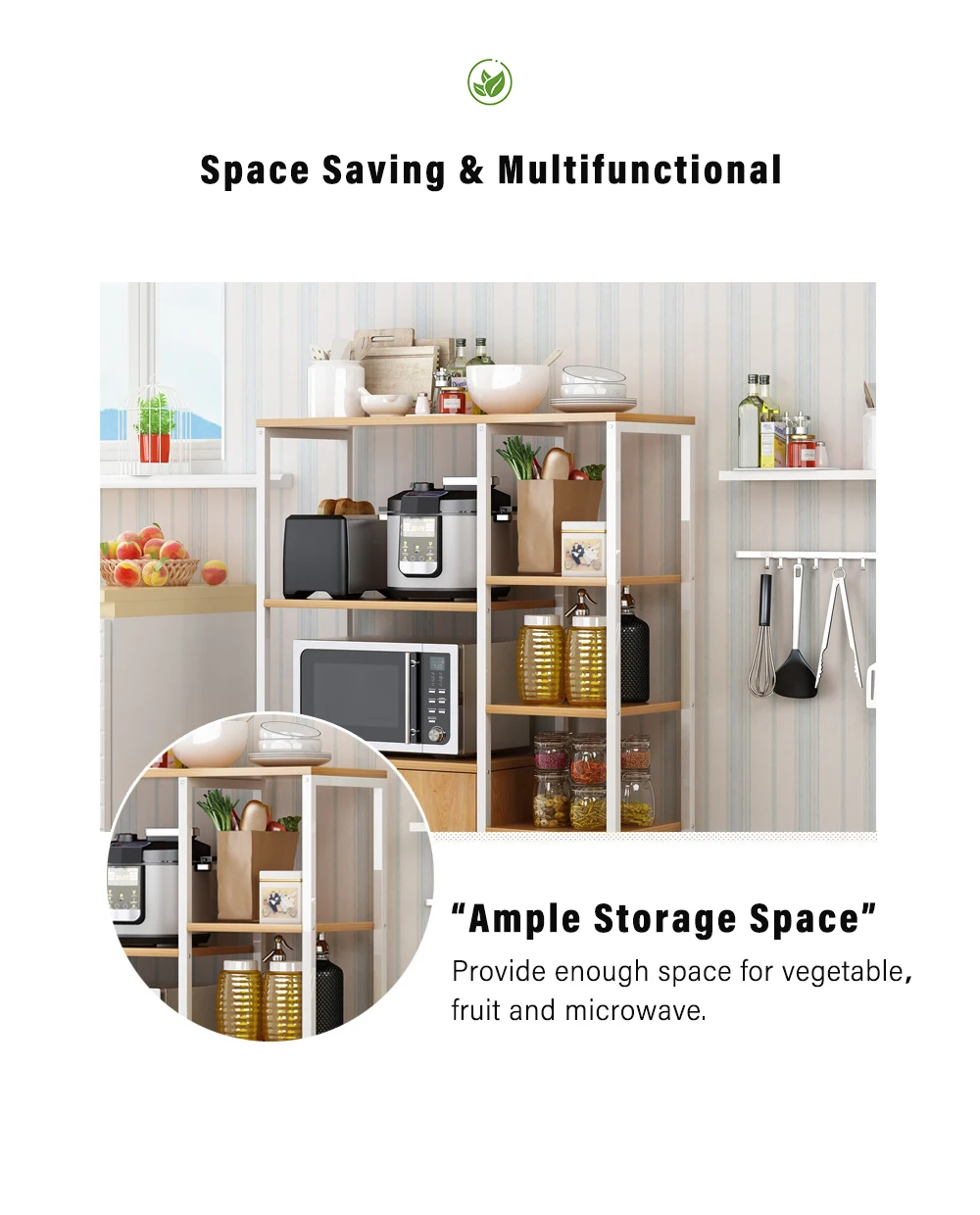 4-Tier Microwave Oven Stand Kitchen Rack with Storage Cabinet Multi Function Spice Holder Shelf for Utensils Vegetable Fruit