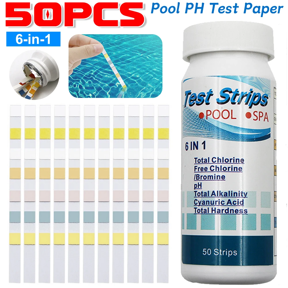 50pcs Multipurpose Water Test PH Strips 6-in-1 Residual Chlorine Value Alkalinity Hardness Tester Easy Detection for Pool Spa