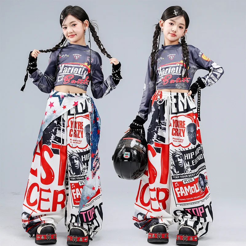 Ropa Hip Hop Kpop para Niños, Camiseta Corta con Estampado Gris y Negro, Pantalones Blancos con Graffiti Dopamine para Niña, Disfraz de Baile Urbano