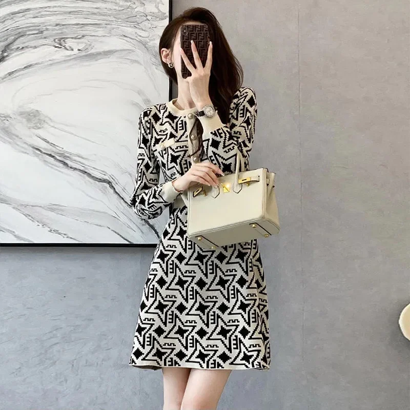 

Women Vintage Jacquard Chic Button Knitted Dress Autumn Winter Fashion Temperament Elegant Pullover Dresses