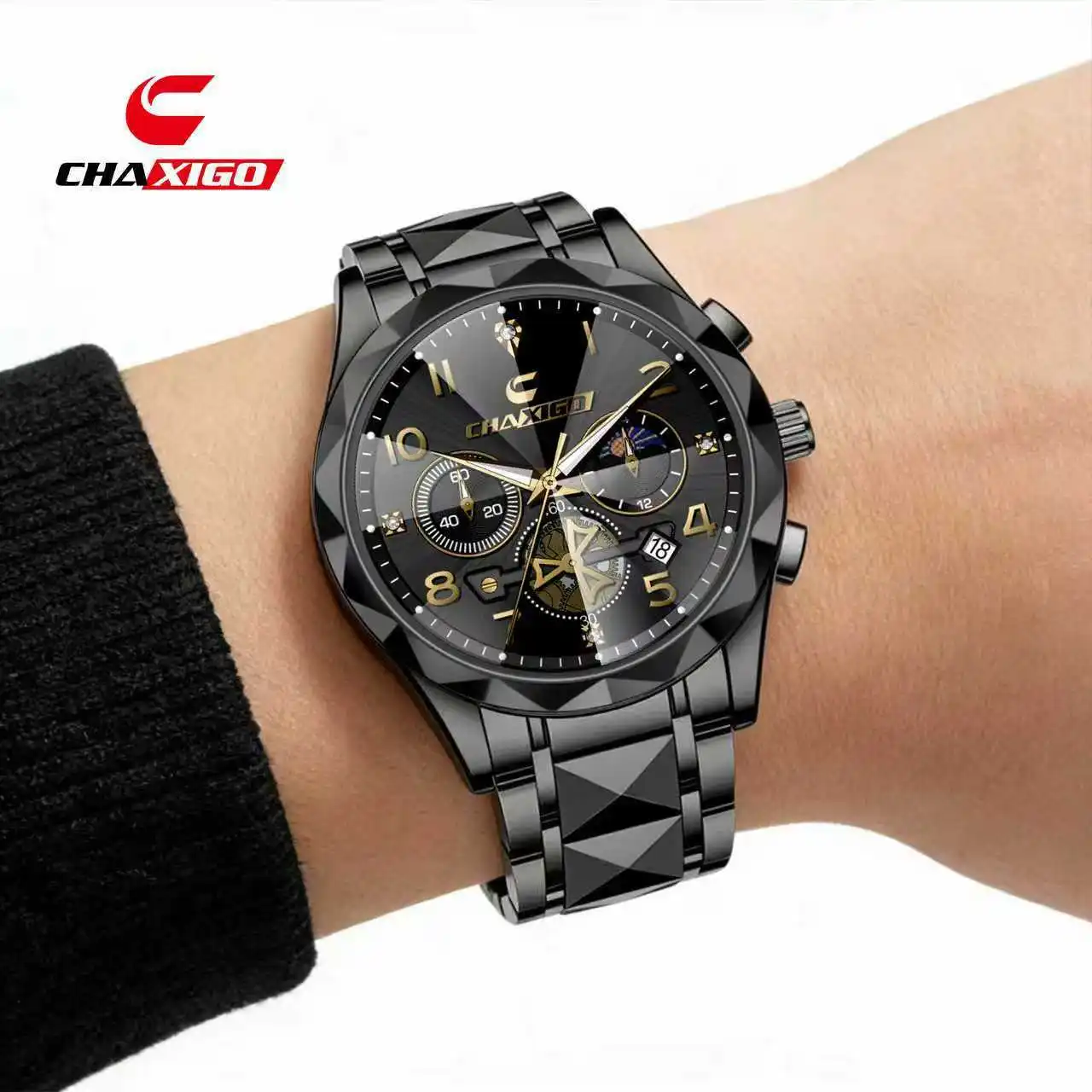CHAXIGO Men's New Three-Eyed Quartz Watch Rhombus Cut Steel Belt Watch Luminous Waterproof Business Watch