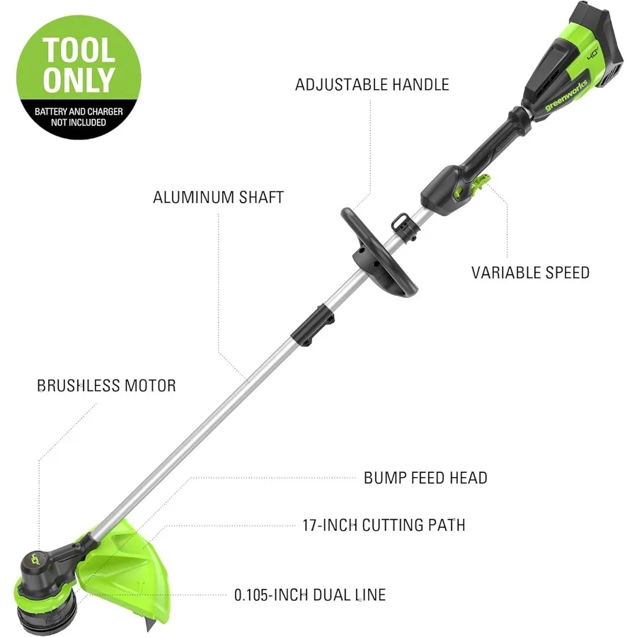 Baterai dan Pengisi Daya Pemangkas Rumput Tanpa Sikat 40V 17 Inci Tidak Termasuk