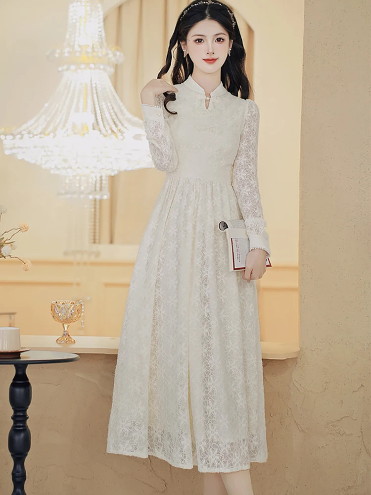 White Lace Hook Flower Hollow Luxury Long Dress Gown Women Autumn Winter Elegant Prom Robe 2024 Korean Fashion Bodycon Vestidos