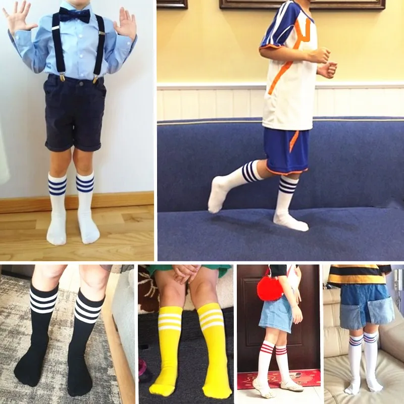 Knee High Socks for Children Girls Boys Football Stripes Socks Cotton Athletic Sports White Socks Long Tube Mid-Calf Leg Warm