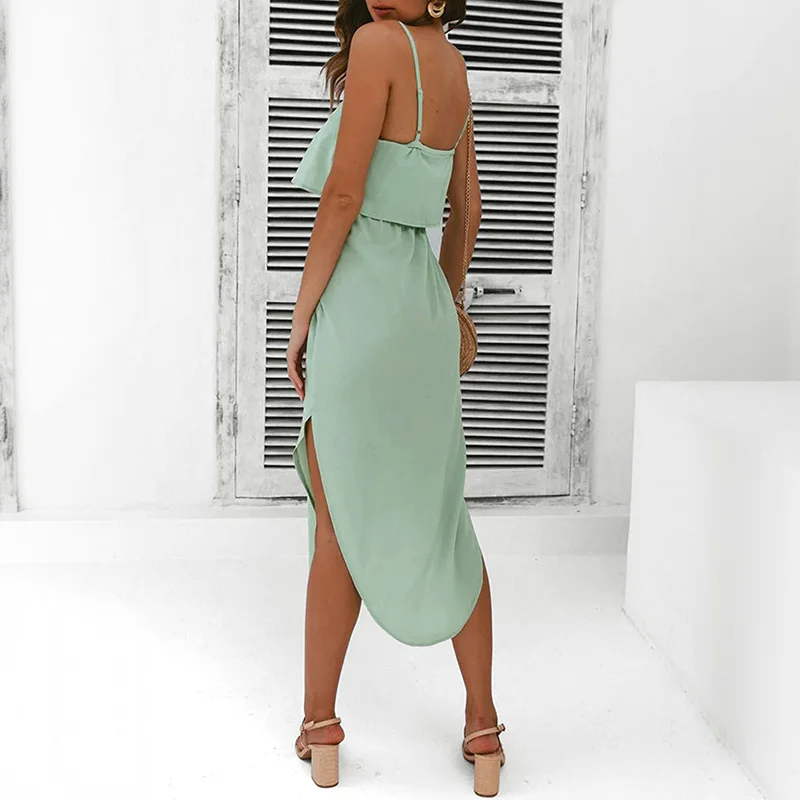 فستان نسائي أخضر كامي ذو طبقات غير متماثل، فستان متوسط الطول، صيفي، عطلة الشاطئ، كاجوال فضفاض #2