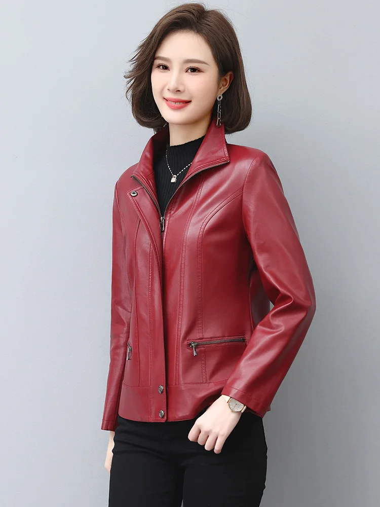 New Women Leather Jacket Autumn Winter Casual Fashion Stand Collar Plus Cotton Lining Slim Short Sheepskin Coat Spring Outerwear