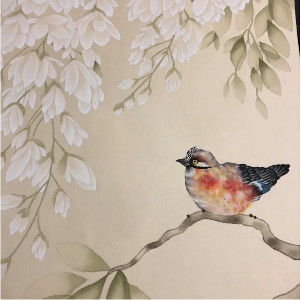 Flowers and birds hand painted wallpapers samples for home decoration