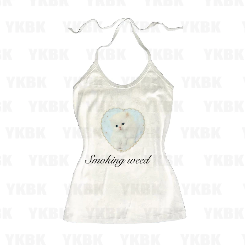 Y2k T-shir Kitty Cat Print Women Clothing Gothic Emo Cropped Harajuku Graphic Long Sleeve Trashy Y2k 2000s Fashion Goth White view 5