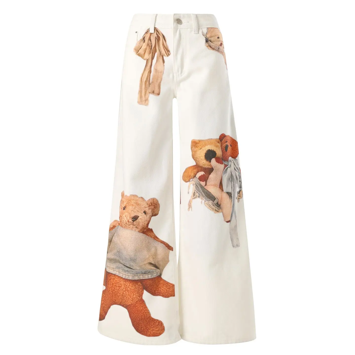 

CHICATWILL Spring Summer New White Straight Denim Jeans Women Vintage Vibe Cute 3D Bear Print Pants Female Trendy Girls Trousers